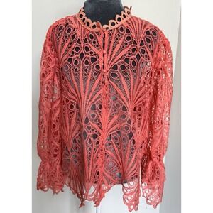 Lace Crochet Top XXL Salmon Pink Hollow Out Flare Sleeve Boho Fairy Hippie Retro